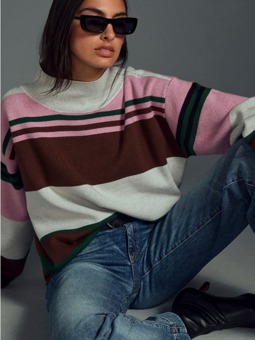 Anthropologie Striped Cowl-Neck Sweater in Pink, Brown & Cream with Green Trim